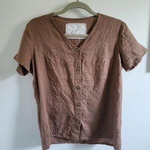 notPERFECTLINEN Rust Brown Short-Sleeve Button Down Linen Shirt